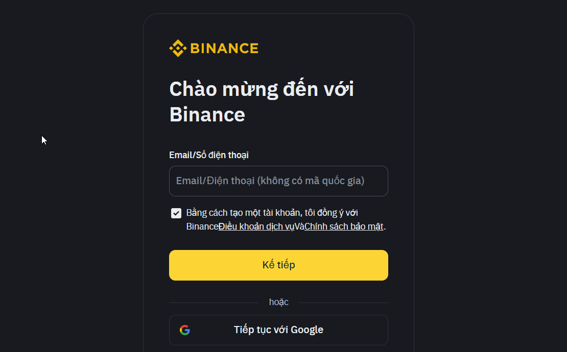 Tạo tài khoản mới tại Binance bằng email